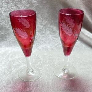 Mini Etched Stemmed Shot Glasses Footed Shot Glass Pink/Red set of 2